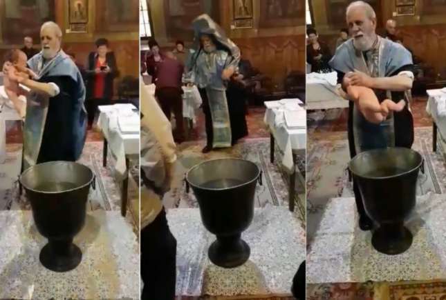 (VIDEO) Botez de groază! Un preot nervos a început a zdruncina bebeluşul care plângea speriat