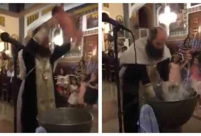 (VIDEO) Botez de groază: copilul este practic aruncat în cristelniță