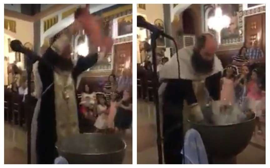 (VIDEO) Botez de groază: copilul este practic aruncat în cristelniță